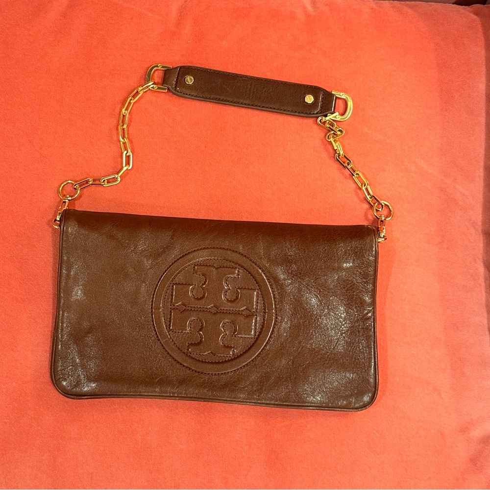Tory Burch Brown Leather Clutch with Gold Chain